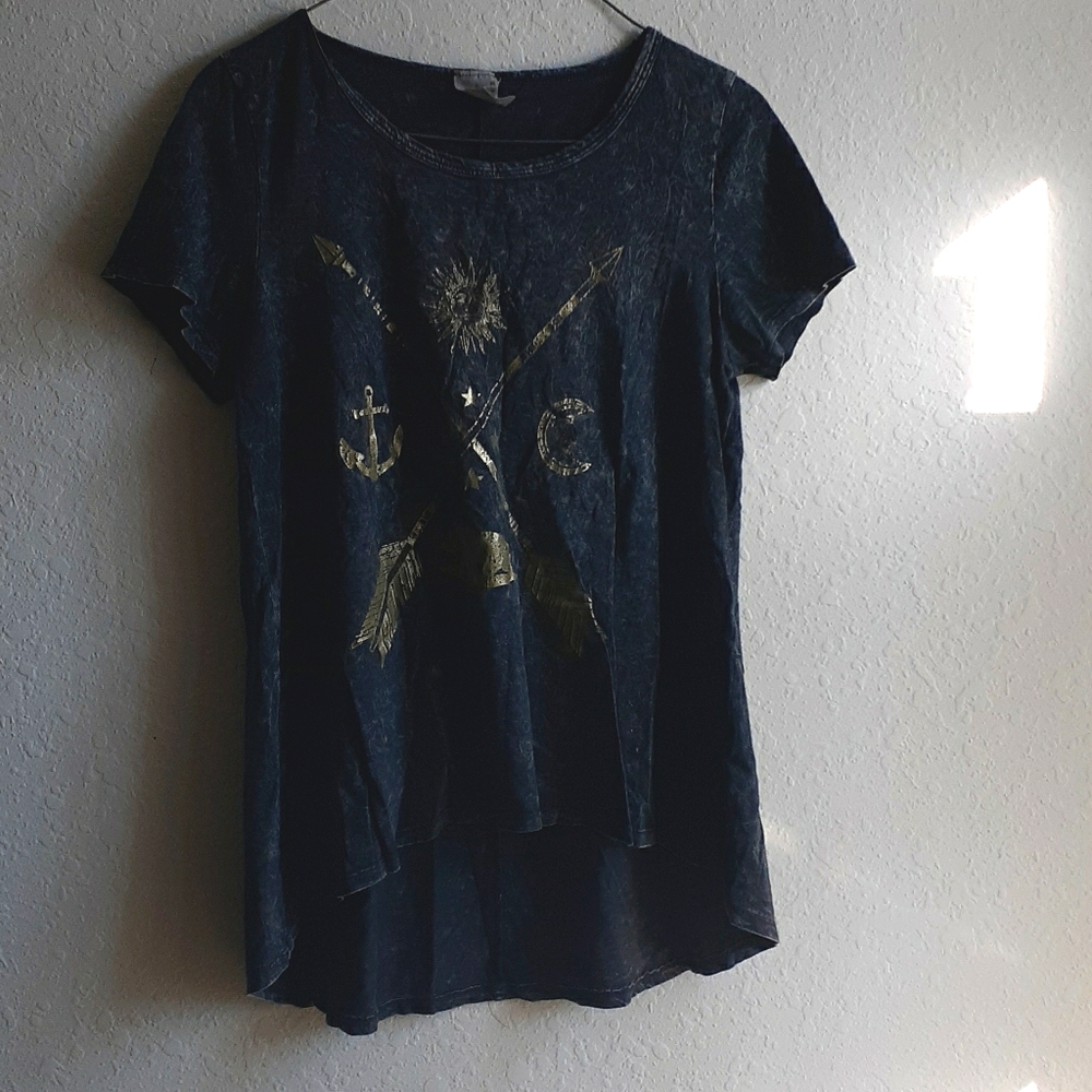 American Age high low black shirt with gold accent